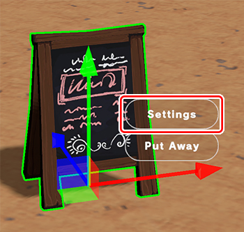 Opening the settings menu for an object