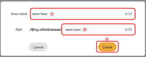 Create new area name and path settings popup