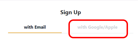 Tabs for changing whether registering with an email address or with a Google account