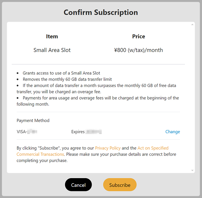 Confirmation for purchasing area slot subscription
