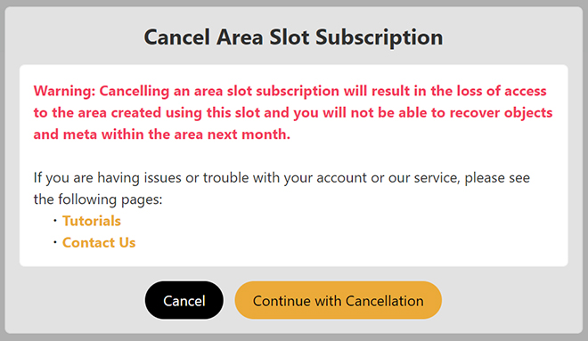 Cancel Area Slot Subscription popup