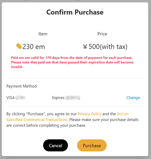 Paid em Confirm Purchase popup