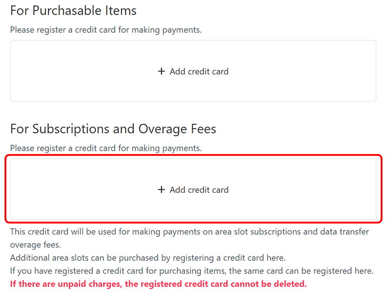 Place to add payment method for making payments on area slot subscriptions and overage fees