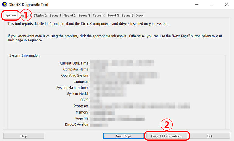Clicking the Save All Information... button in the DirectX Diagnostics Tool