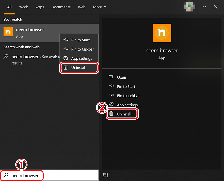 How to search for and uninstall the neem Browser