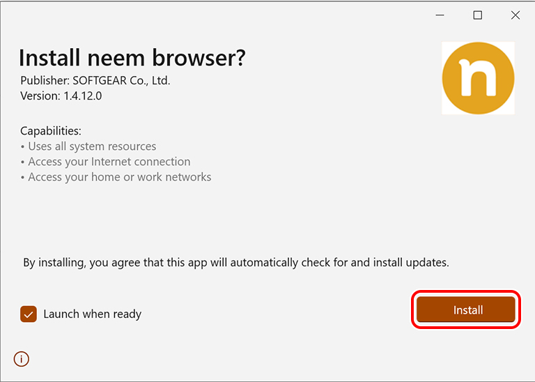 neem Browser installer Install button