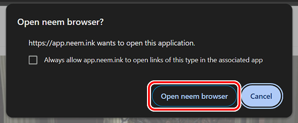 Popup for opening the neem Browser