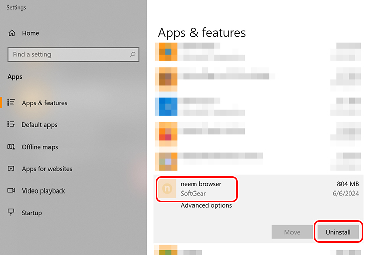 How to uninstall the neem Browser from the Apps & features settings