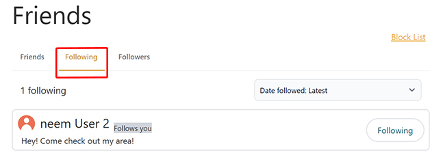 Following tab in on Friends page