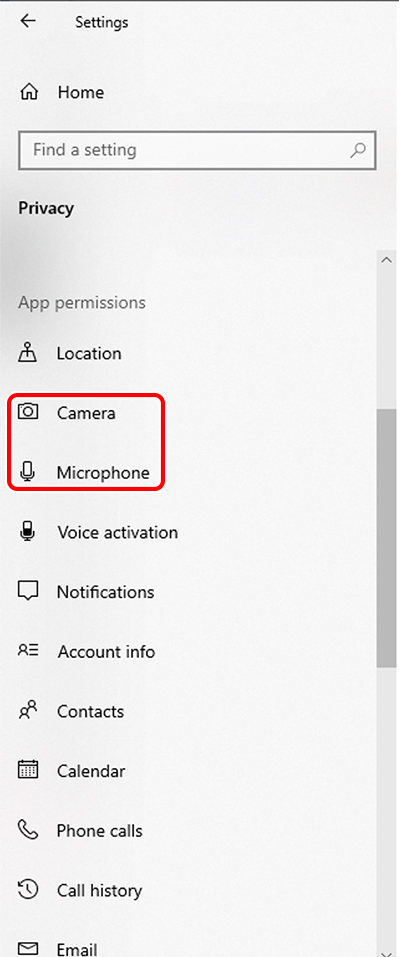 Windows Settings - Camera and Microphone App permissions