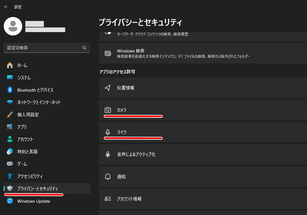 Windowsでのアクセス許可の例。プライバシーとセキュリティも確認。