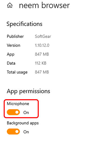 neem Browser permissions settings - Microphone