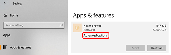 Apps & features - neem Browser Advanced options