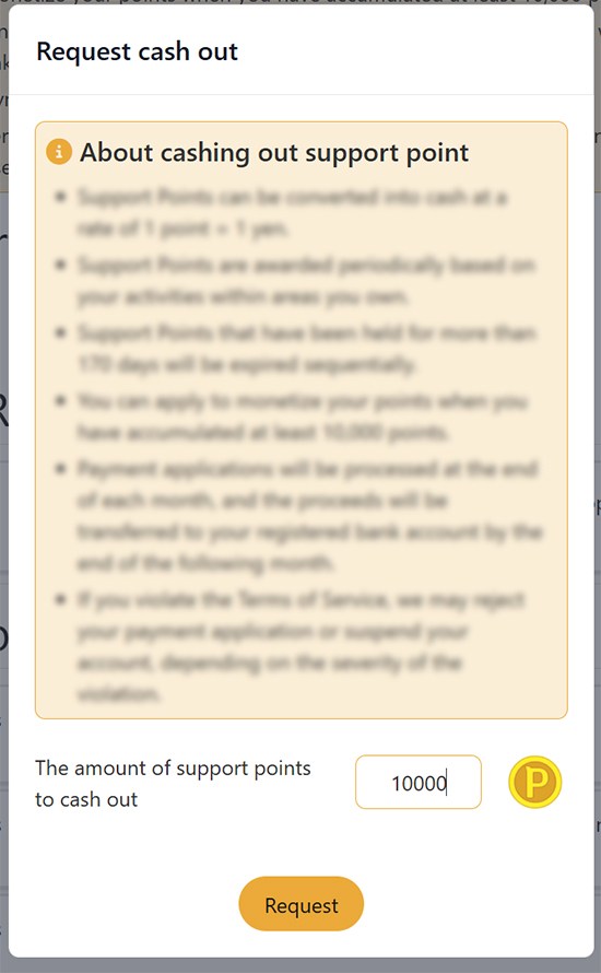 Request cash out confirmation dialog