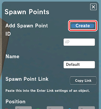 Spawn Point settings Create button