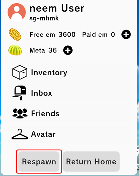 Respawn button in Account Menu