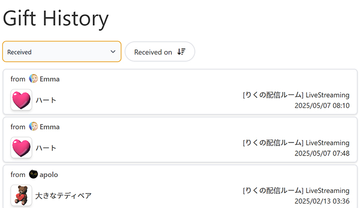 Gift History page Received history